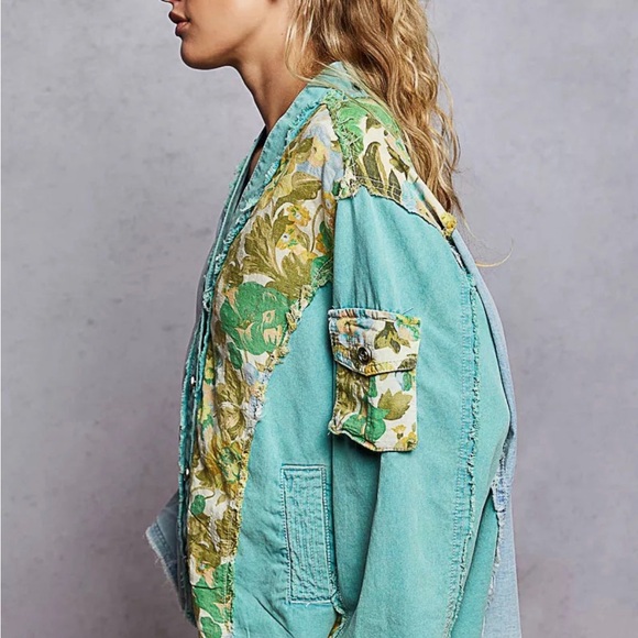 POL BOHO Denim & Teal Button Down Floral VNeck long sleeve Raw Hem Shirt Top - Picture 3 of 7